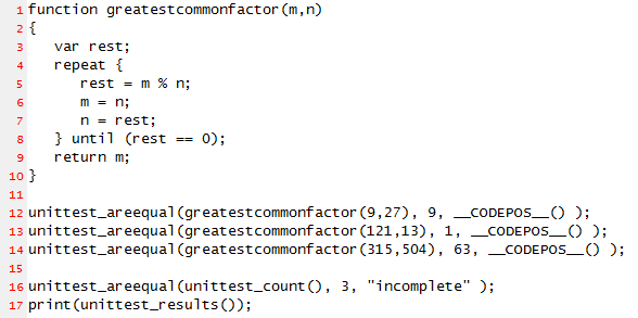 example gnscript with function greatestcommonfactor(m,n) and unit tests